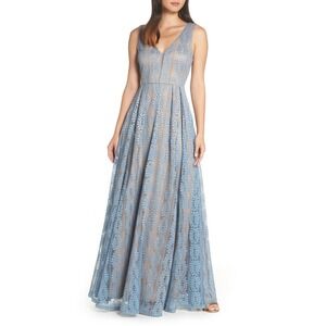 Lulu's Dusty Blue Sleeveless Lace Maxi Dress Eliana Lace V Neck Gown